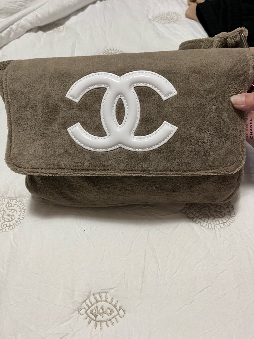 CHANEL New  Taupe Shoulder Bag with White CC Emblem